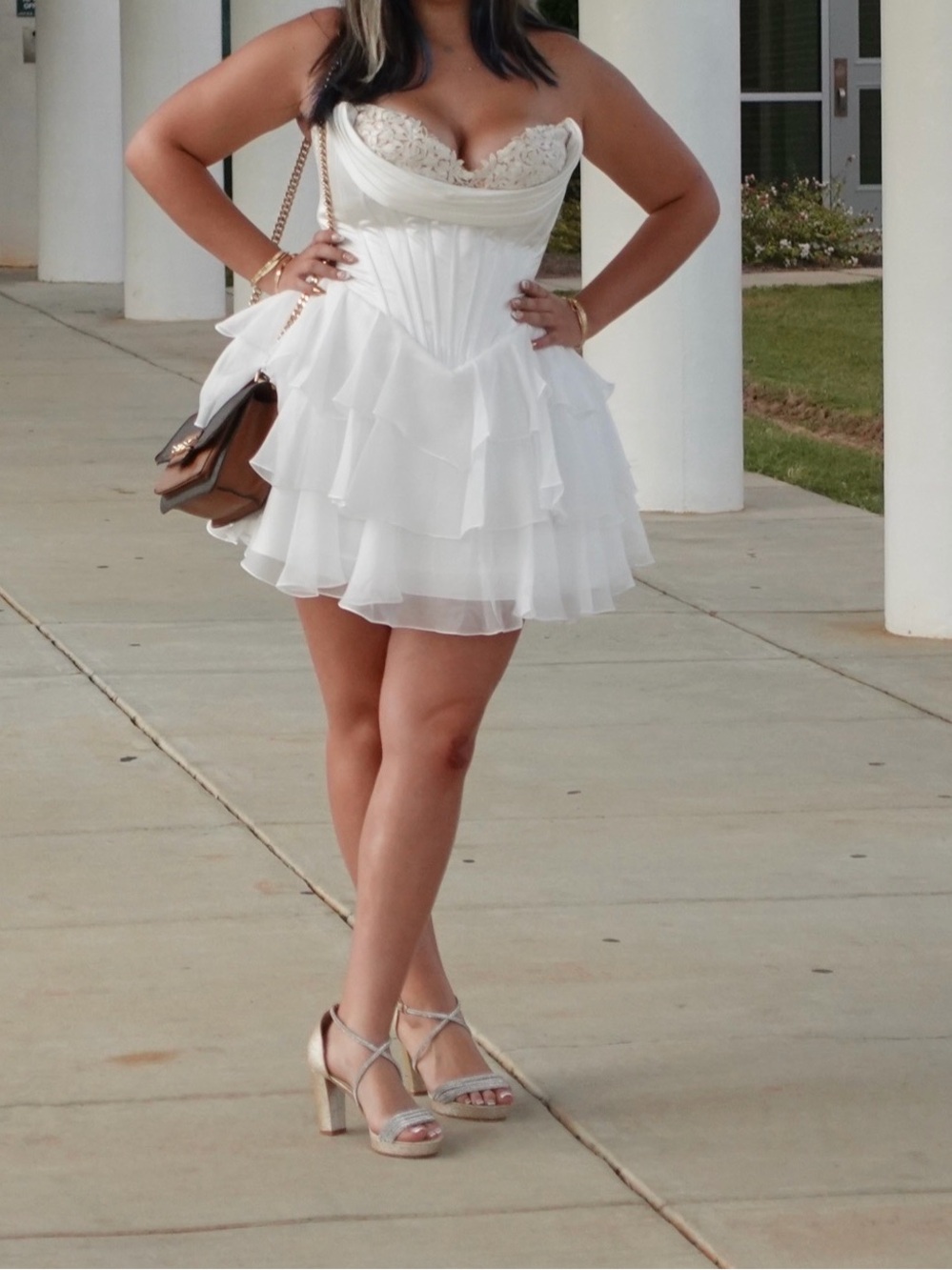 Sherri Hill White Strapless Tiered Lace Bust Mini Dress
